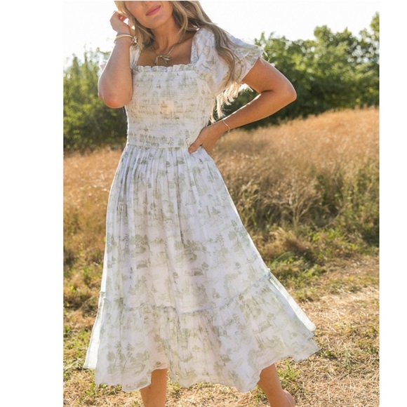 Ivy City Co Dresses & Skirts - Ivy City Co. Valencia White Smocked Cottage Tiered Midi White Green Floral Dress